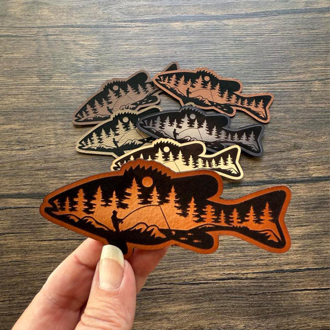 Fishing Scene Patch, Fish Shape Leather Patch, Outdoorsman Patch for Hats Bags Jackets, Nature Fishing Gift - Patch Palooza