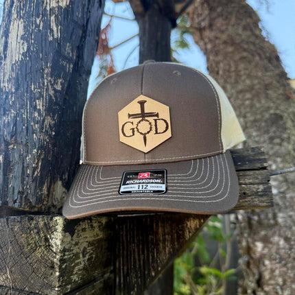 God Crown of Thorns Hat – Richardson 112 Trucker Cap – Leather Patch Christian Cross Design - Patch Palooza