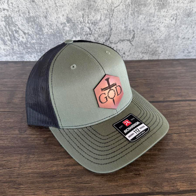 God Crown of Thorns Hat – Richardson 112 Trucker Cap – Leather Patch Christian Cross Design - Patch Palooza