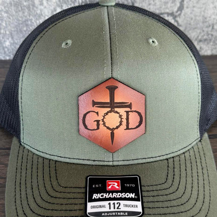 God Crown of Thorns Hat – Richardson 112 Trucker Cap – Leather Patch Christian Cross Design - Patch Palooza