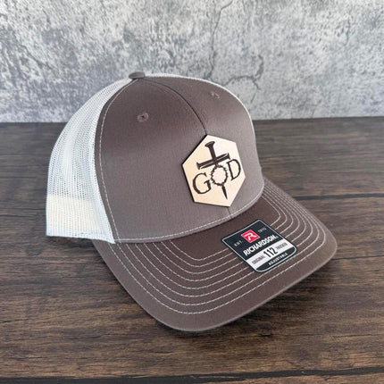God Crown of Thorns Hat – Richardson 112 Trucker Cap – Leather Patch Christian Cross Design - Patch Palooza