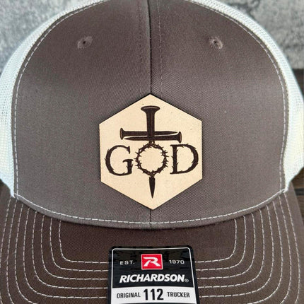 God Crown of Thorns Hat – Richardson 112 Trucker Cap – Leather Patch Christian Cross Design - Patch Palooza