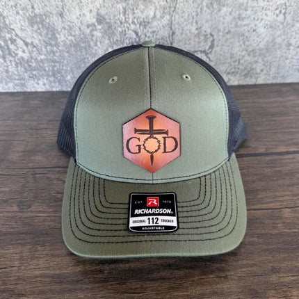 God Crown of Thorns Hat – Richardson 112 Trucker Cap – Leather Patch Christian Cross Design - Patch Palooza