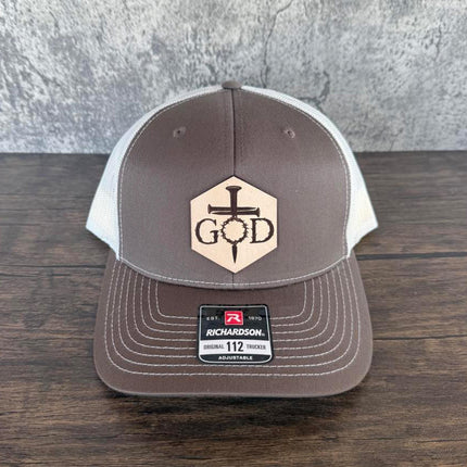 God Crown of Thorns Hat – Richardson 112 Trucker Cap – Leather Patch Christian Cross Design - Patch Palooza
