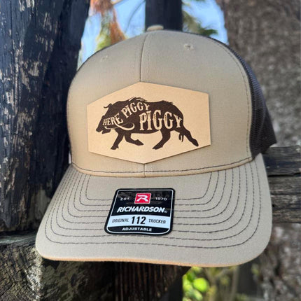 Here Piggy Piggy Hat – Richardson 112 Trucker Cap – Leather Patch Wild Boar Hunting Hat - Patch Palooza