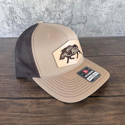 Here Piggy Piggy Hat – Richardson 112 Trucker Cap – Leather Patch Wild Boar Hunting Hat - Patch Palooza