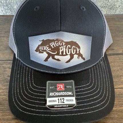 Here Piggy Piggy Hat – Richardson 112 Trucker Cap – Leather Patch Wild Boar Hunting Hat - Patch Palooza