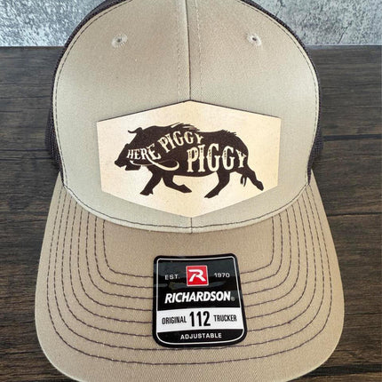 Here Piggy Piggy Hat – Richardson 112 Trucker Cap – Leather Patch Wild Boar Hunting Hat - Patch Palooza