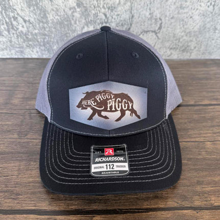 Here Piggy Piggy Hat – Richardson 112 Trucker Cap – Leather Patch Wild Boar Hunting Hat - Patch Palooza