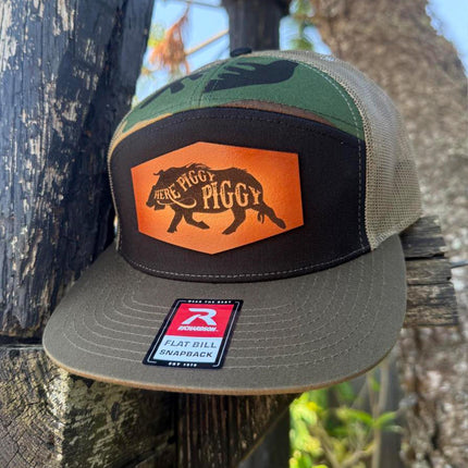 Here Piggy Piggy Hat – Richardson 168 Snapback – Leather Patch Wild Boar Hunting Hat - Patch Palooza