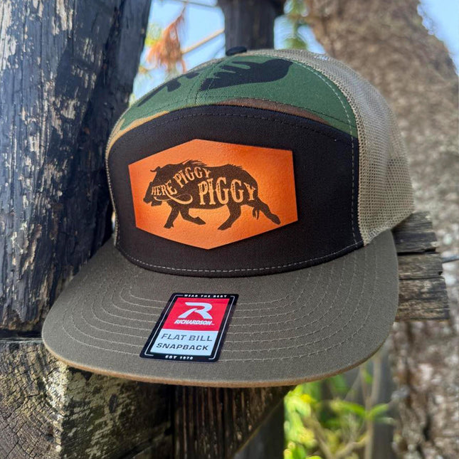 Here Piggy Piggy Hat – Richardson 168 Snapback – Leather Patch Wild Boar Hunting Hat - Patch Palooza