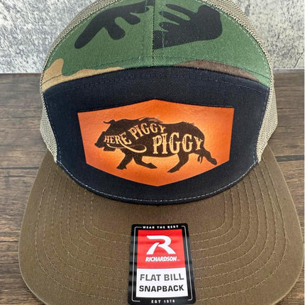 Here Piggy Piggy Hat – Richardson 168 Snapback – Leather Patch Wild Boar Hunting Hat - Patch Palooza