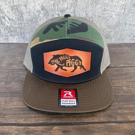 Here Piggy Piggy Hat – Richardson 168 Snapback – Leather Patch Wild Boar Hunting Hat - Patch Palooza