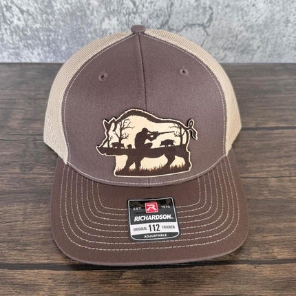 Hog Hunting Hat – Richardson 112 Trucker Cap – Leather Patch Wild Boar Hunting Scene - Patch Palooza