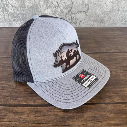 Hog Hunting Hat – Richardson 112 Trucker Cap – Leather Patch Wild Boar Hunting Scene - Patch Palooza