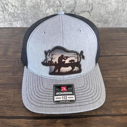 Hog Hunting Hat – Richardson 112 Trucker Cap – Leather Patch Wild Boar Hunting Scene - Patch Palooza