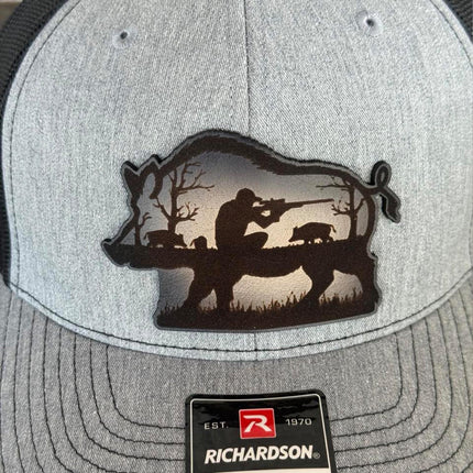 Hog Hunting Hat – Richardson 112 Trucker Cap – Leather Patch Wild Boar Hunting Scene - Patch Palooza