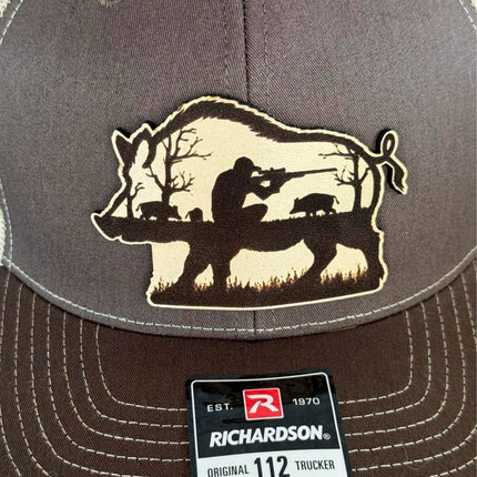 Hog Hunting Hat – Richardson 112 Trucker Cap – Leather Patch Wild Boar Hunting Scene - Patch Palooza