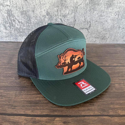 Hog Hunting Hat – Richardson 168 Snapback – Leather Patch Wild Boar & Rifle Scene - Patch Palooza