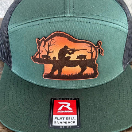 Hog Hunting Hat – Richardson 168 Snapback – Leather Patch Wild Boar & Rifle Scene - Patch Palooza