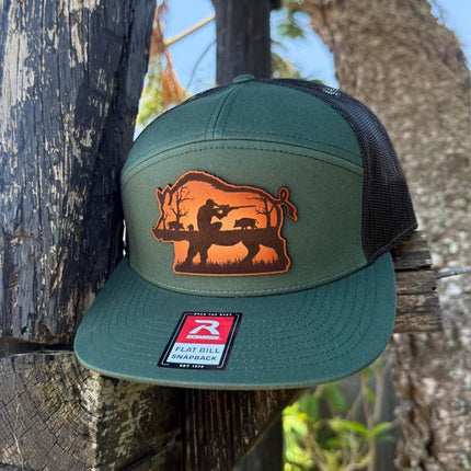Hog Hunting Hat – Richardson 168 Snapback – Leather Patch Wild Boar & Rifle Scene - Patch Palooza