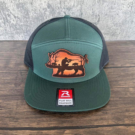 Hog Hunting Hat – Richardson 168 Snapback – Leather Patch Wild Boar & Rifle Scene - Patch Palooza