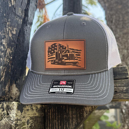 American Trucker Hat, Leather Patch Hat, Richardson 112 Cap for Truck Drivers, Patriotic Hat, Gift for Truckers