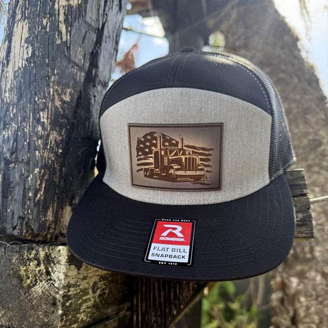 Trucker Hat with Semi and Flag, Leather Patch Hat, Richardson 168 Flat Bill Snapback, Patriotic Hat, Gift for Truck Drivers