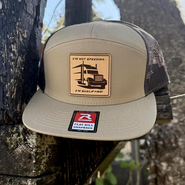 Funny Trucker Hat, I'm Not Speeding I'm Qualifying Hat, Leather Patch Hat, Richardson 168 Flat Bill Snapback, Gift for Truck Drivers
