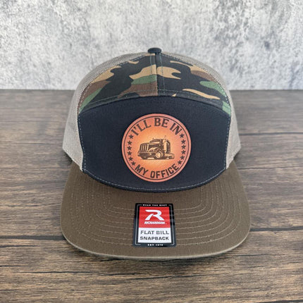 Trucker Hat I'll Be in My Office, Leather Patch Hat, Richardson 168 Flat Bill Snapback, Semi Truck Hat, Gift for Truck Drivers