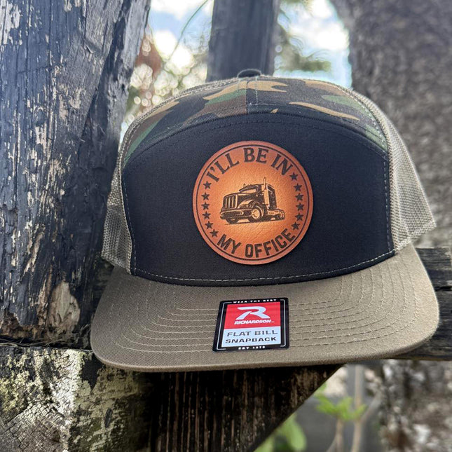 Trucker Hat I'll Be in My Office, Leather Patch Hat, Richardson 168 Flat Bill Snapback, Semi Truck Hat, Gift for Truck Drivers