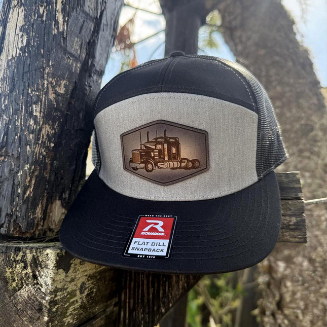 Semi Truck Hat, Leather Patch Hat, Richardson 168 Flat Bill Snapback, Trucker Cap for Drivers, Gift for Truckers