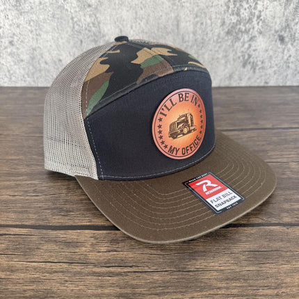 Trucker Hat I'll Be in My Office, Leather Patch Hat, Richardson 168 Flat Bill Snapback, Semi Truck Hat, Gift for Truck Drivers