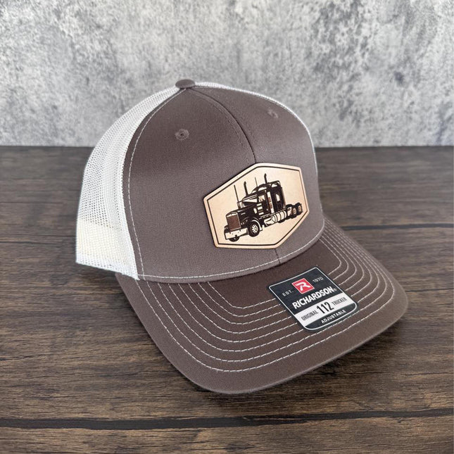 Semi Truck Hat, Leather Patch Trucker Hat, Richardson 112 Cap for Drivers, Big Rig Hat, Gift for Truckers