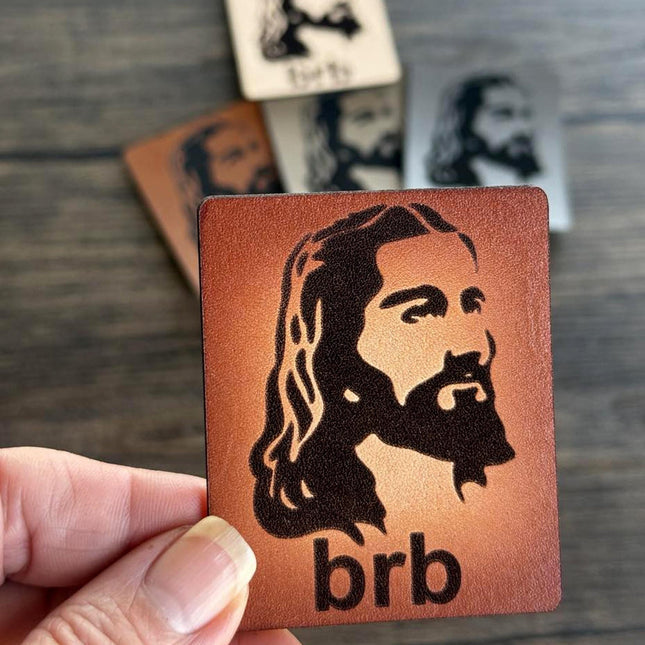 Close-up of vegan leather Jesus BRB patch