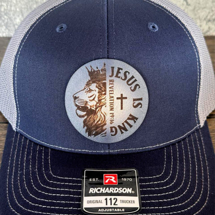 Jesus Is King Hat – Richardson 112 Trucker Cap – Leather Patch Lion & Scripture Design - Patch Palooza