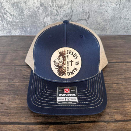 Jesus Is King Hat – Richardson 112 Trucker Cap – Leather Patch Lion & Scripture Design - Patch Palooza