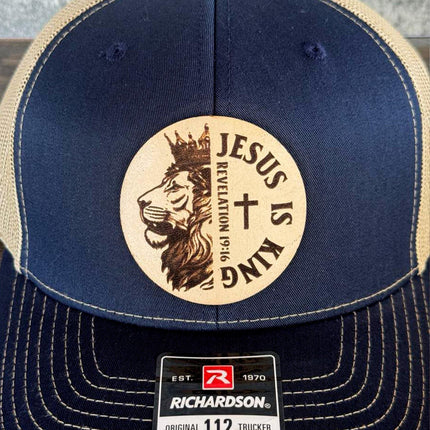 Jesus Is King Hat – Richardson 112 Trucker Cap – Leather Patch Lion & Scripture Design - Patch Palooza
