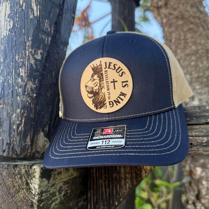 Jesus Is King Hat – Richardson 112 Trucker Cap – Leather Patch Lion & Scripture Design - Patch Palooza