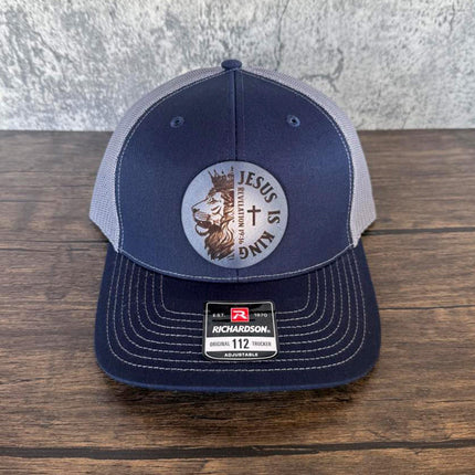 Jesus Is King Hat – Richardson 112 Trucker Cap – Leather Patch Lion & Scripture Design - Patch Palooza
