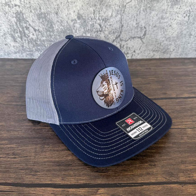 Jesus Is King Hat – Richardson 112 Trucker Cap – Leather Patch Lion & Scripture Design - Patch Palooza