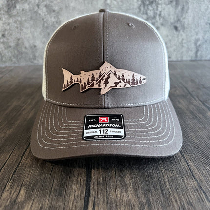 Front view of Richardson 112 hat with engraved mountain fish leather patch