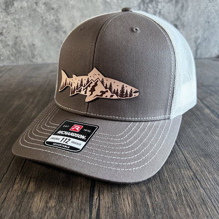 Leather Patch Mountain Fish Hat - Outdoor Hat, Gift for Him, Richardson 112 - patchpalooza