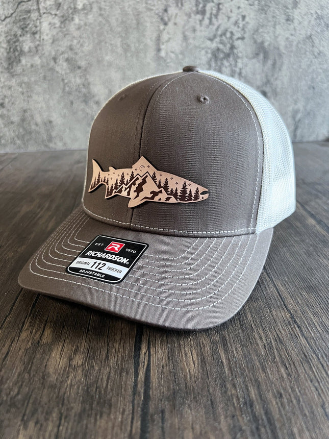 Leather Patch Mountain Fish Hat - Outdoor Hat, Gift for Him, Richardson 112 - patchpalooza