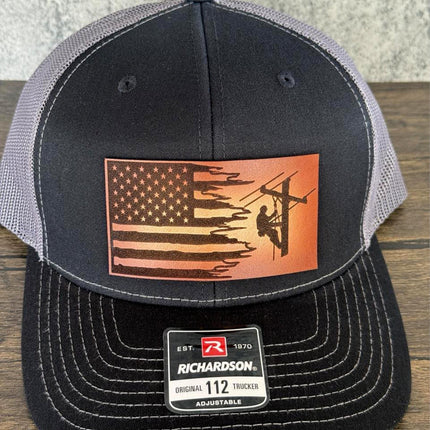 Lineman Flag Hat, Leather Patch Hat, Richardson 112 Trucker Cap, American Flag Hat, Utility Worker Gift - Patch Palooza