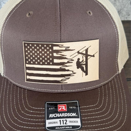 Lineman Flag Hat, Leather Patch Hat, Richardson 112 Trucker Cap, American Flag Hat, Utility Worker Gift - Patch Palooza