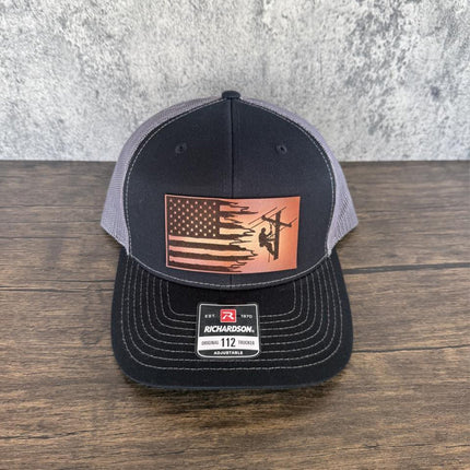 Lineman Flag Hat, Leather Patch Hat, Richardson 112 Trucker Cap, American Flag Hat, Utility Worker Gift - Patch Palooza