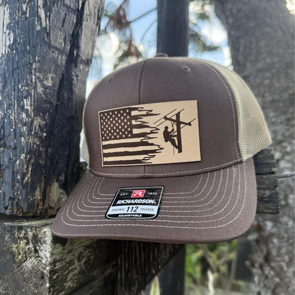 Lineman Flag Hat, Leather Patch Hat, Richardson 112 Trucker Cap, American Flag Hat, Utility Worker Gift - Patch Palooza