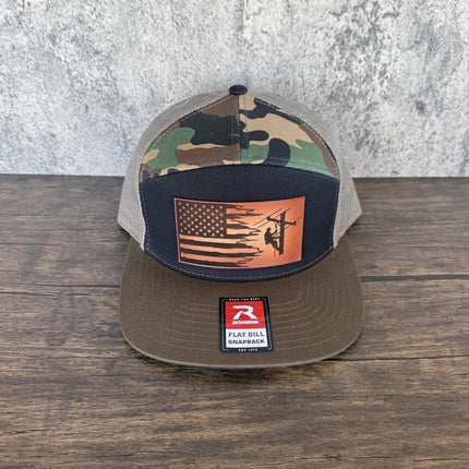Lineman Flag Hat, Leather Patch Hat, Richardson 168 Flat Bill Snapback, Utility Worker Gift, American Flag Trucker Hat - Patch Palooza