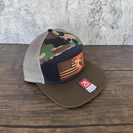 Lineman Flag Hat, Leather Patch Hat, Richardson 168 Flat Bill Snapback, Utility Worker Gift, American Flag Trucker Hat - Patch Palooza